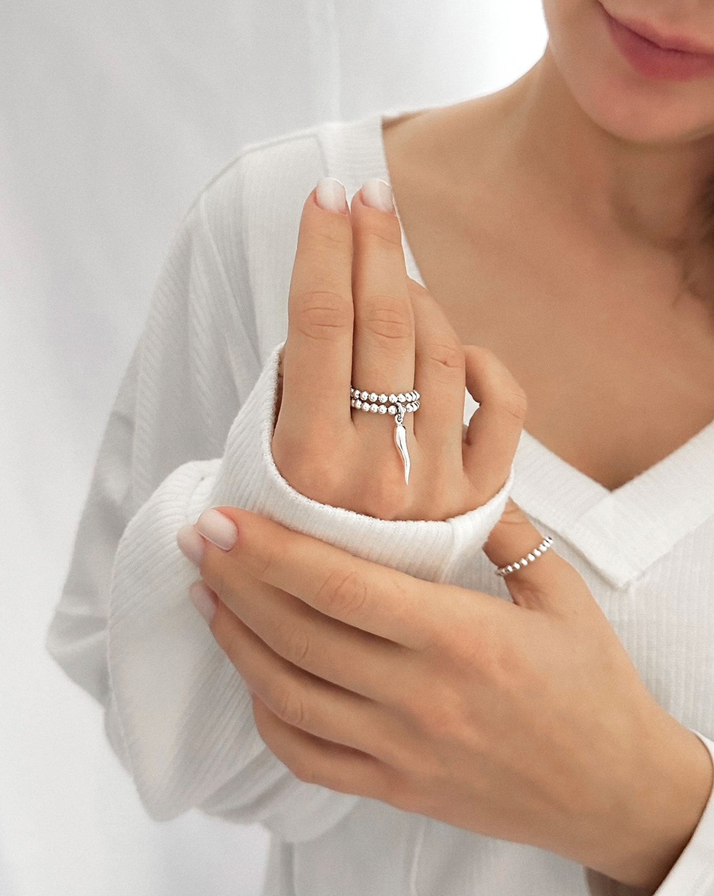 Silver Cornetto Stretch Charm Ring, Italian Horn, Silver Rings, Stacked Rings