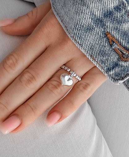 Silver Stretch Heart Charm Ring, Heart Charm, Women's Rings, Charm Rings