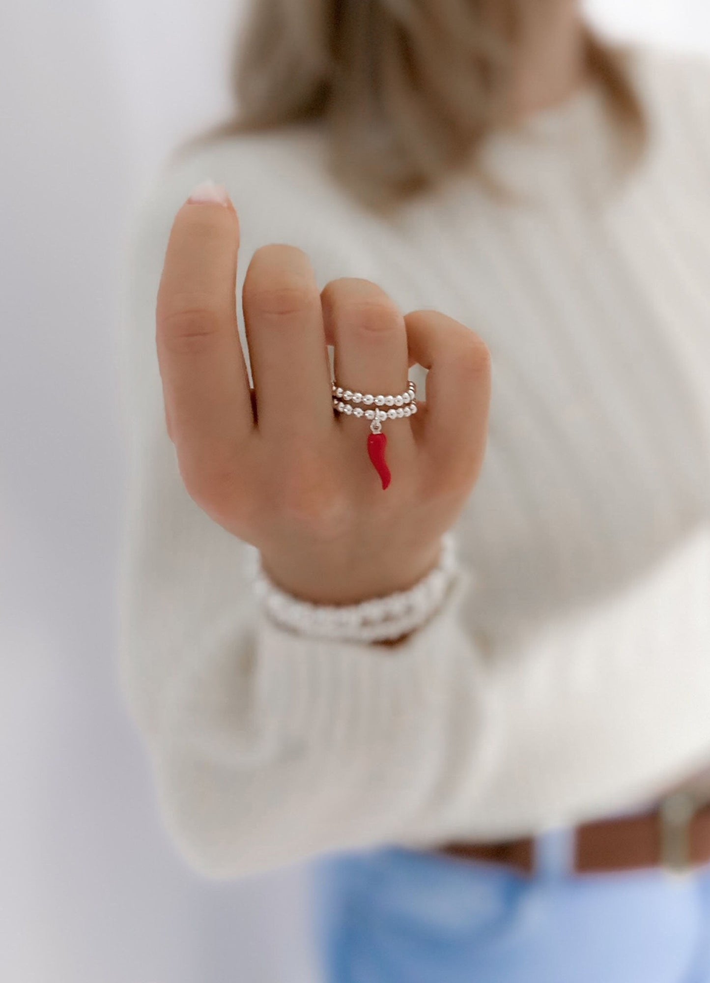 Silver Red Cornetto Stretch Charm Ring, Italian Horn, Silver Rings, Stacked Rings