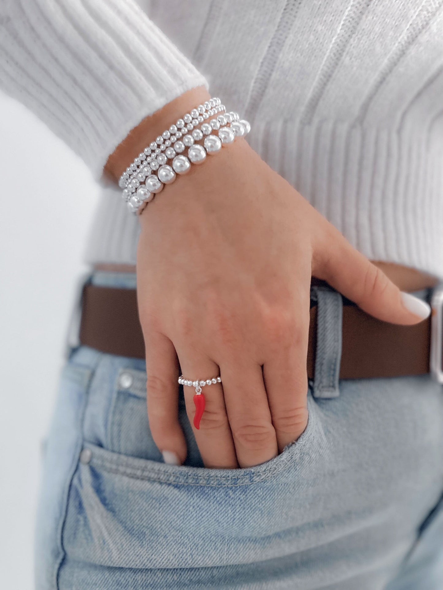 Silver Red Cornetto Stretch Charm Ring, Italian Horn, Silver Rings, Stacked Rings