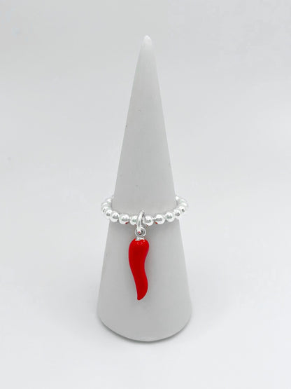 Silver Red Cornetto Stretch Charm Ring, Italian Horn, Silver Rings, Stacked Rings