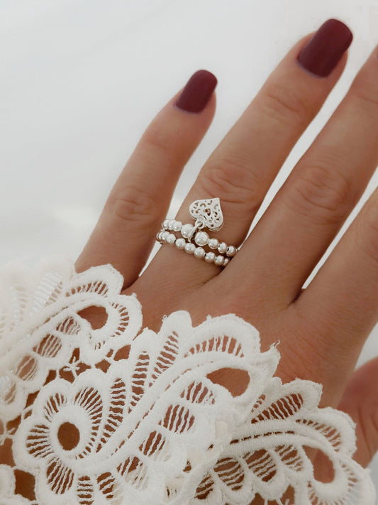 Charm Ring, Filigree Heart Charm Ring,Heart Charm, Womens Rings, Charm Rings