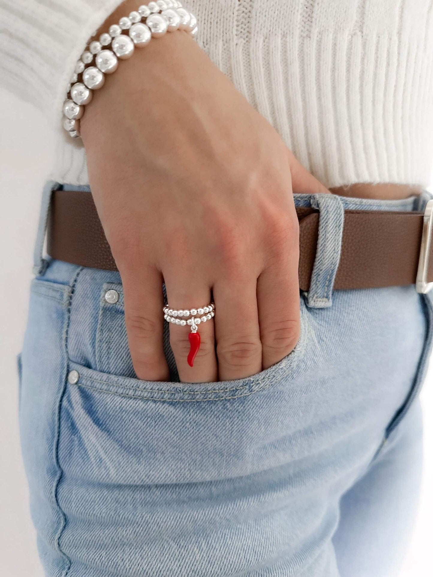 Silver Red Cornetto Stretch Charm Ring, Italian Horn, Silver Rings, Stacked Rings