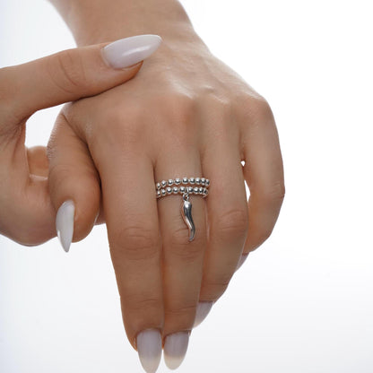 Silver Cornetto Stretch Charm Ring, Italian Horn, Silver Rings, Stacked Rings