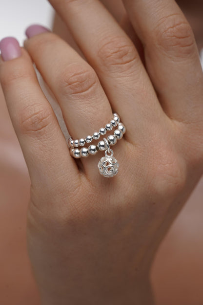 Silver Stretch Filigree Bead Charm Ring, Filigree Ring, Women's Rings, Charm Rings
