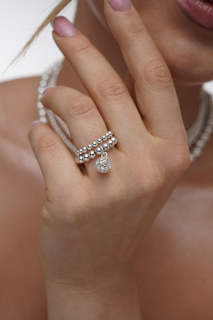 Silver Stretch Filigree Bead Charm Ring, Filigree Ring, Women's Rings, Charm Rings