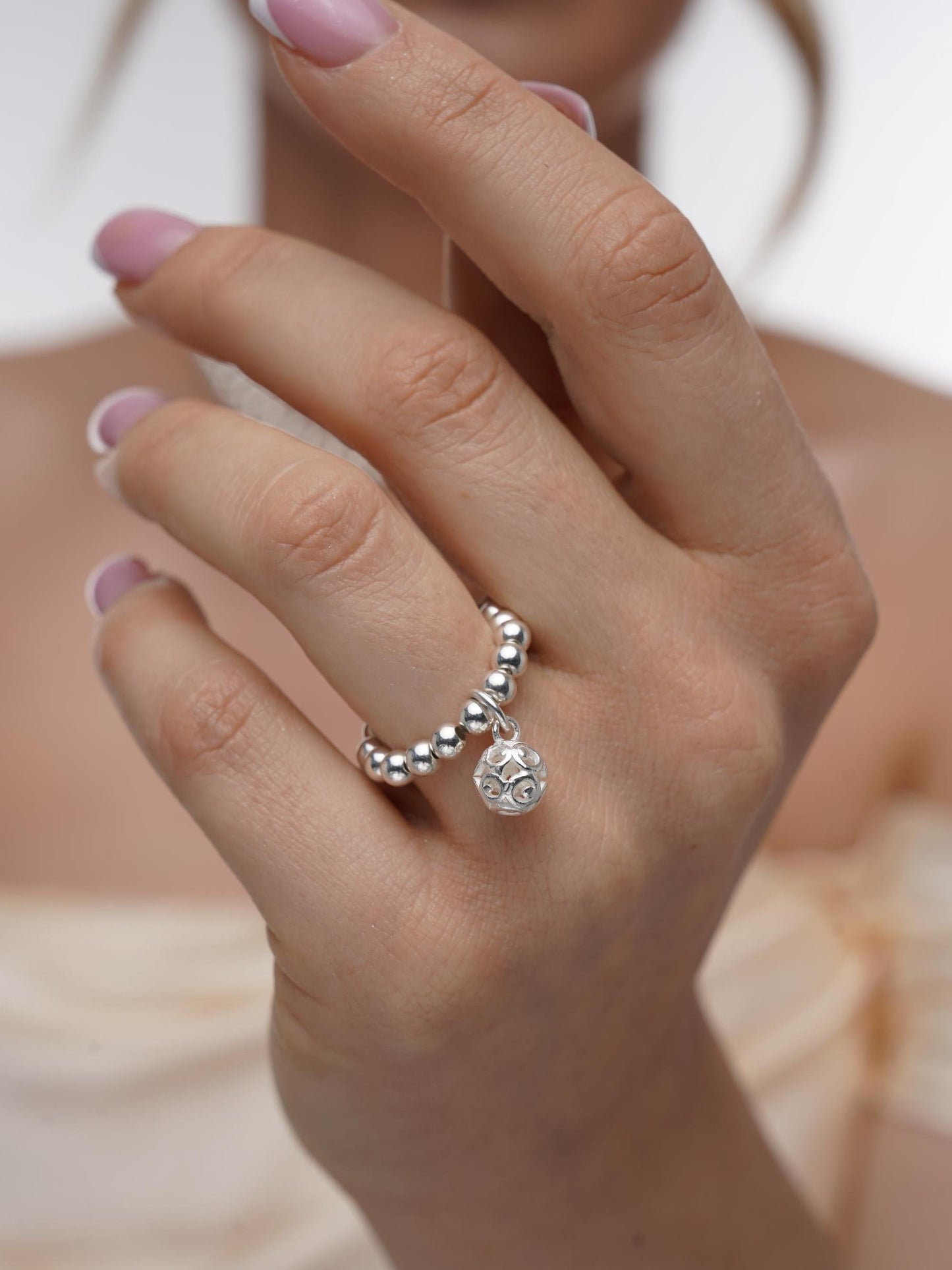 Silver Stretch Filigree Bead Charm Ring, Filigree Ring, Women's Rings, Charm Rings