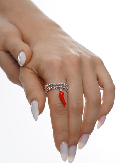 Silver Red Cornetto Stretch Charm Ring, Italian Horn, Silver Rings, Stacked Rings
