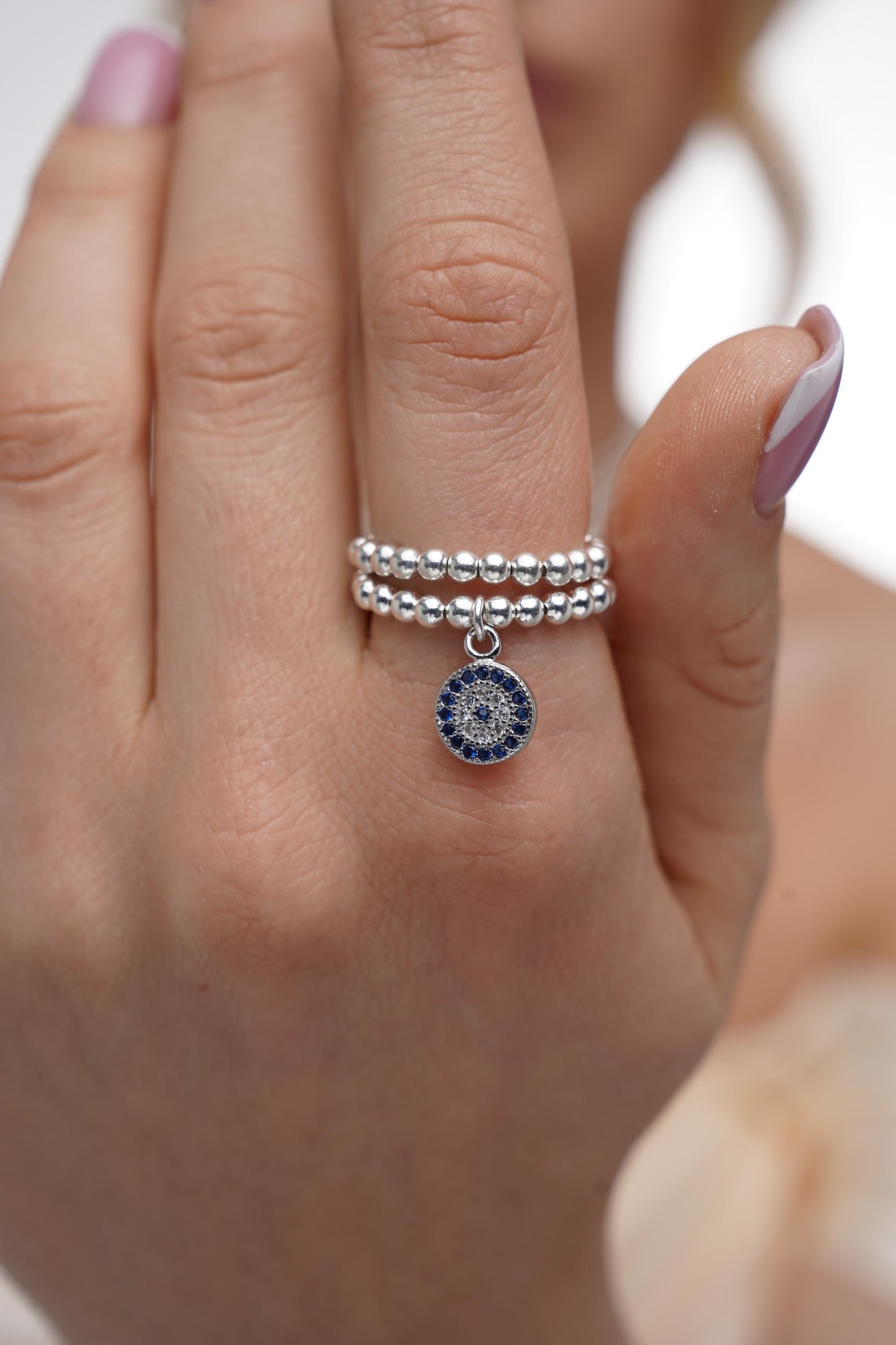 CZ Evil Eye Stretch Charm Ring, Evil Eye, Silver Rings, Stacked Rings