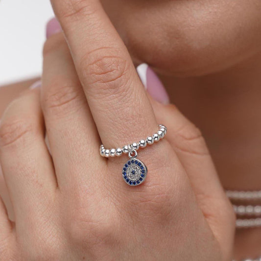 CZ Evil Eye Stretch Charm Ring, Evil Eye, Silver Rings, Stacked Rings